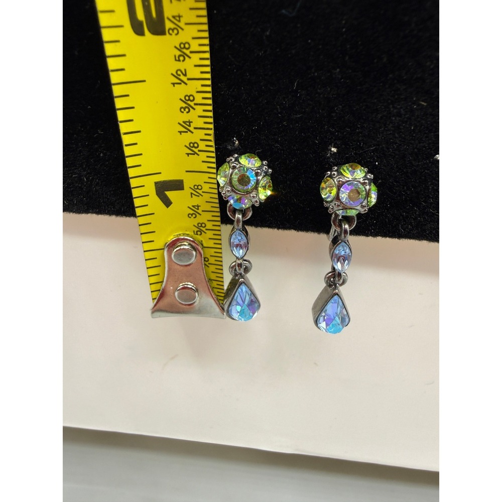 Givenchy Vintage Iridescent Crystal Drop Screw Back Earrings Gunmetal Blue Green - Picture 7 of 8